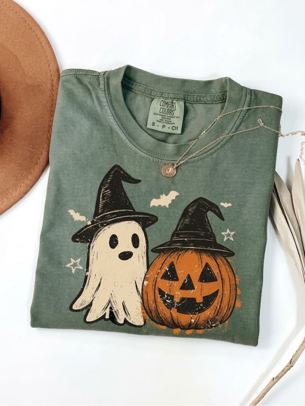 Comfort Colors Green Halloween Ghost & Pumpkin Costume Tee